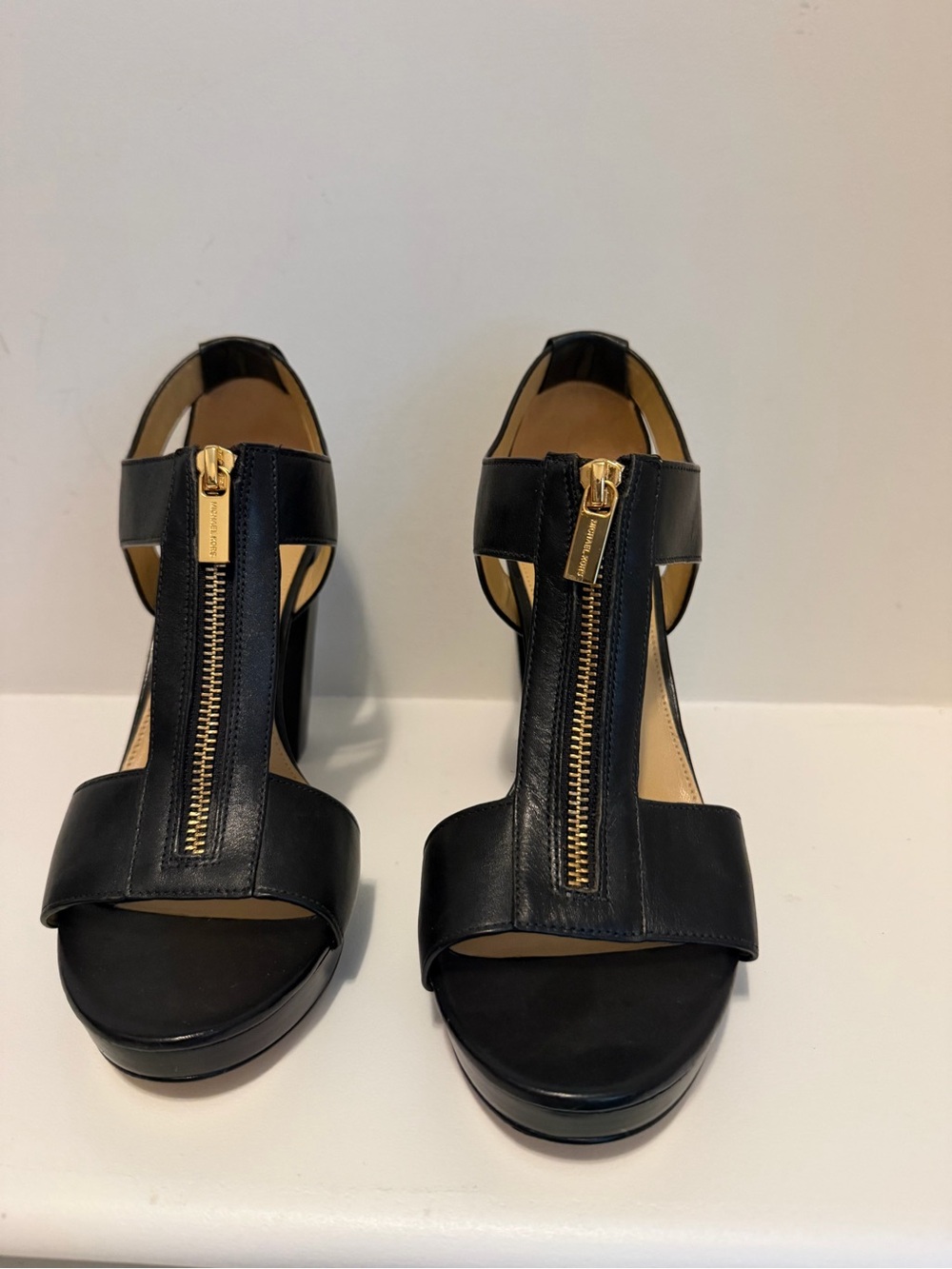 Michael Kors Black Leather T-Strap Platform Sandals with Gold Zipper Detail